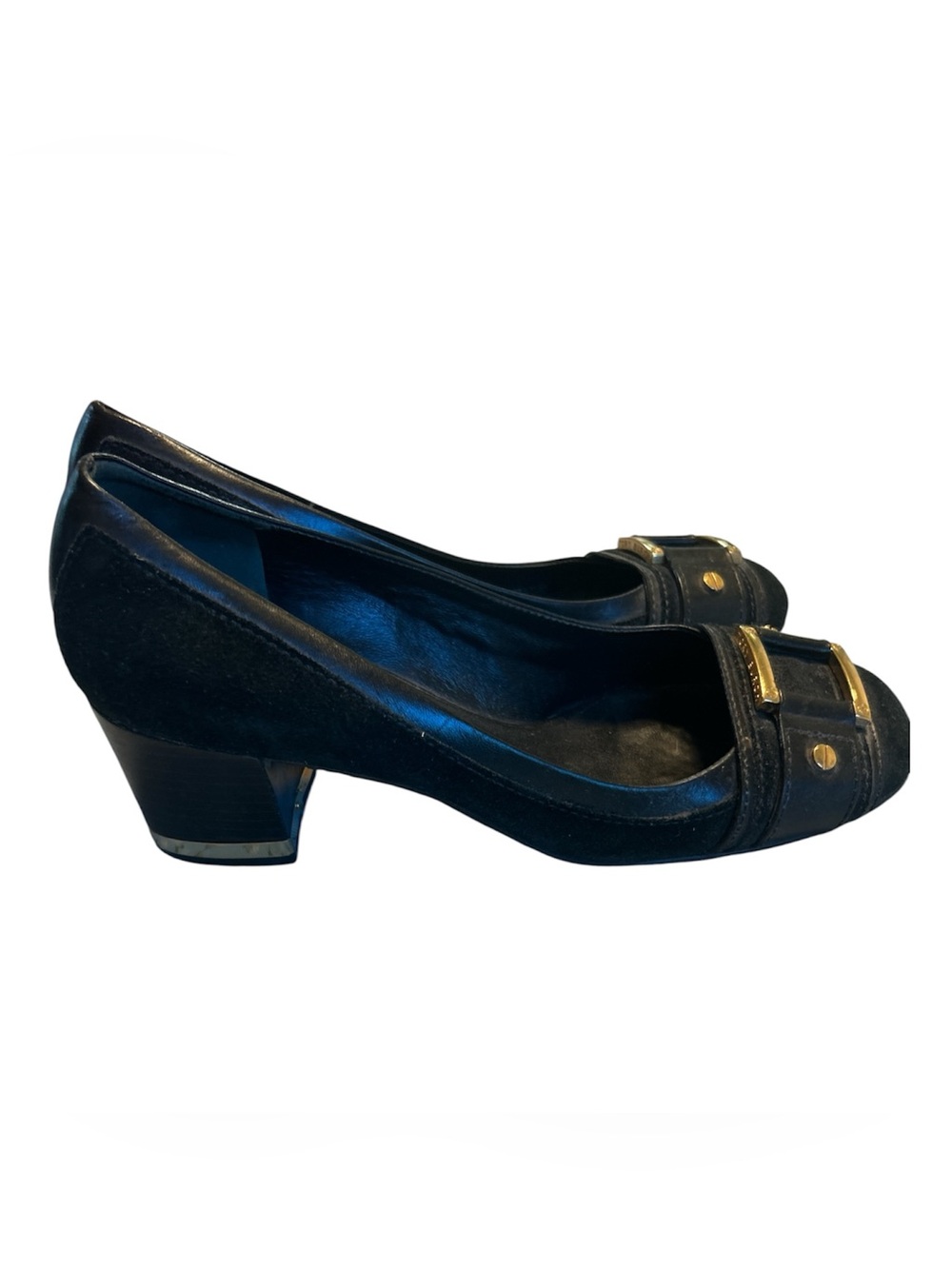 Tory Burch rounded toe, black suede, and leather pumps with gold accents 8.5M